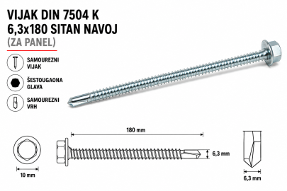 VIJAK DIN 7504 K 6,3x180 SITAN NAVOJ (ZA PANEL)
